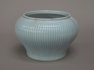 An Oriental blue glazed and ribbed melon shaped vase, base with  6 character mark 6"