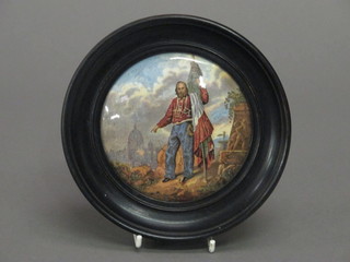 A Prattware pot lid decorated Garibaldi, contained in a socle frame
