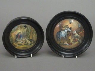 2 Prattware pot lids decorated Country Quarters and The Game Bag, contained in socle frames