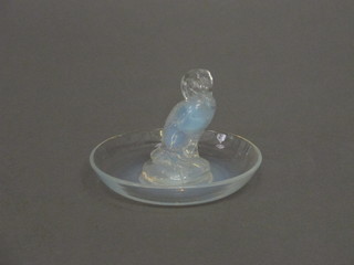 A Lalique style circular glass pin tray decorated a duck 3"