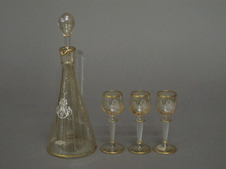 A 4 piece Continental glass liqueur set with ewer and 3 glasses  with cypher