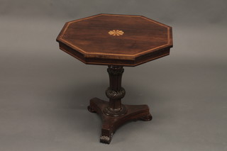 A William IV inlaid mahogany octagonal occasional table, raised on a turned column with triform base and scrolled feet 23"