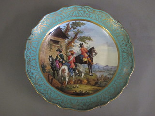 A Meissen circular plate decorated musketeers, the reverse with crossed sword mark and impressed 13, 13"  ILLUSTRATED