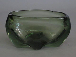 A Whitefriars green glass boat shaped vase 11"
