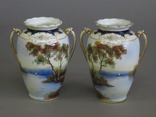A pair of Noritake twin handled vases decorated lake scenes 6"