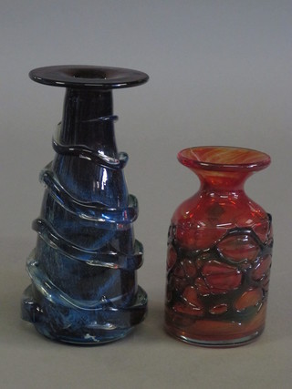 A Mdina blue club shaped glass vase 8" and a Mdina orange club shaped glass vase 5 1/2"