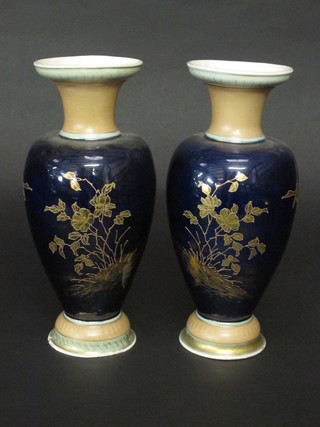 A pair of Continental blue glazed porcelain vases with gilt floral decoration 11"