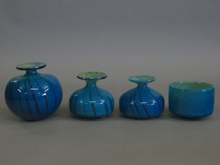 A Mdina blue glass squat shaped vase 6", 2 others and a Mdina  blue glass bowl 5"