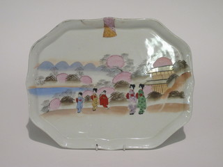 An Oriental porcelain lozenge shaped tray decorated figures 14"