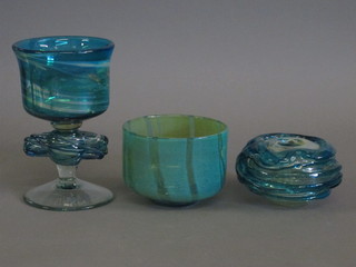 A Mdina blue glass pedestal bowl 8", a do. circular dish 5" and a sculptured Mdina glass dish 3"