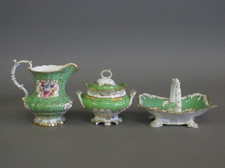 A Rockingham style green glazed jug decorated flowers 7", do.  sucrier and cover 4" and a rectangular basket 8"