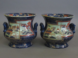 A pair of Masons style ironstone twin handled vases 10"