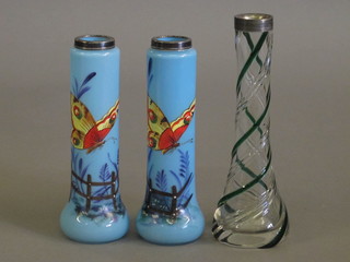 A pair of blue opaque glass vases decorated butterflies with silver rims 7" and a green clear glass vase with plated rim 8"