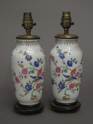 A pair of Oriental style vases converted to table lamps, decorated  birds amidst branches 9"