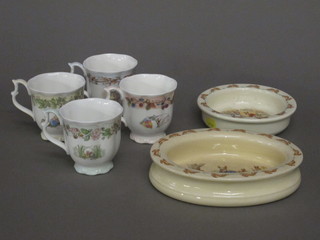 A Royal Doulton Bunnykins bowl 8", do. plate 6" and 4 Royal Doulton Bramley Hedge mugs