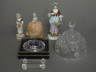 A circular cut glass cover 6", a Webb crystal circular bowl, 2  glass knife rests and 3 porcelain figures - 1 f,