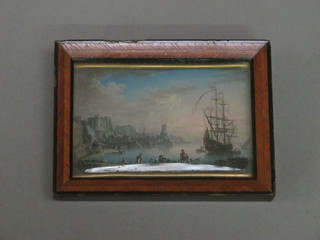 An 18th/19th Century miniature "Continental Harbour Scene  with 3 Masted Ship" 2" x 3"