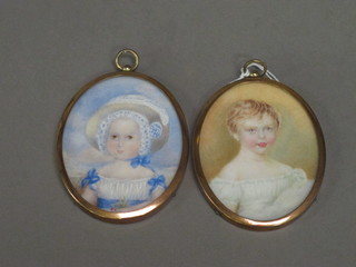 2 miniature portraits of girls contained in oval gilt frames 3"