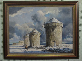 Percy Padden, oil on board "The Mills at the Mole of St  Nicholas, Rhodes" 28" x 38"