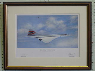 After Anthony Hansard, a limited edition coloured print  "Concorde Coming Home", signed by the artist and Captain Jock Loe, 9 1/2" x 14"