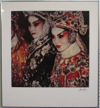 Hans Hoffer, coloured print "Two Standing Oriental Ladies"  dated '86 16" x 16"