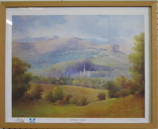 K B Hancock, a coloured print "A View From Astazou" signed  by the artist and Jimmy Saville 15" x 19"