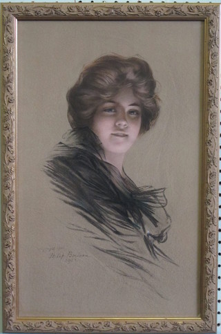 Philip Boilsau, head and shoulders portrait print "Young Girl" 18" x 7 1/2" signed and dated 1902   ILLUSTRATED