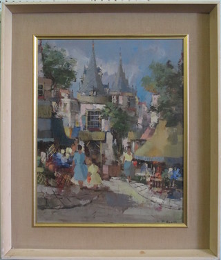 P Romier, impressionist oil on canvas "Continental Street Scene  with Figures and Building in Distance" 19" x 15"
