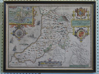 John Speed, an 18th Century map of Cardigan Shyre, Pembroke  Shyre, crease to the centre, contained in a double sided Hogarth  frame 15" x 20"
