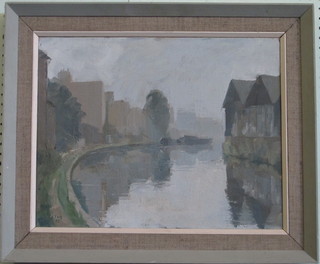 Brian T Bennett, oil on canvas "Morning Grand Union Canal"  the reverse with Federation of British Art Galleries label, dated  1965, 14" x 18"
