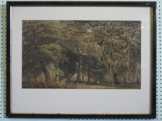 19th Century watercolour drawing "Figure Sat in Wood" 13" x  22"