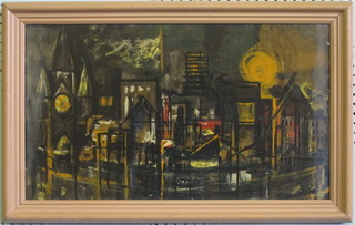 David Biton, impressionist oil on board "Landscape Scene with  Buildings - Le Centre Ville Le Soir" 13" x 23"