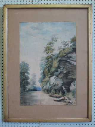 Victorian watercolour "Study of Track with Rocks and Trees" indistinctly signed and dated 1870 20" x 14"
