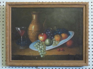 Oil on board, still life study "Platter of Fruit with Jug and Glass  of Wine" 12" x 15", indistinctly signed