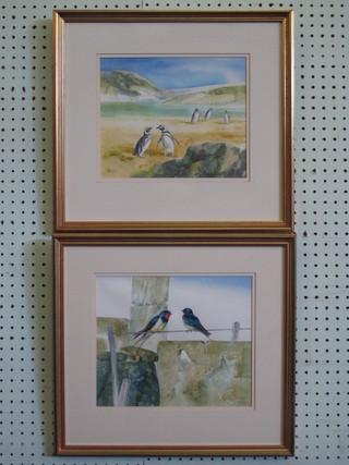 Daphne Padden, pair of watercolour drawings "Penguins and  Swallows" 9" x 10"