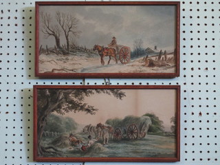 Pair of watercolour drawings "Winter Scene with Horse and  Cart" and "Hay Making" 7" x 13 1/2", indistinctly signed