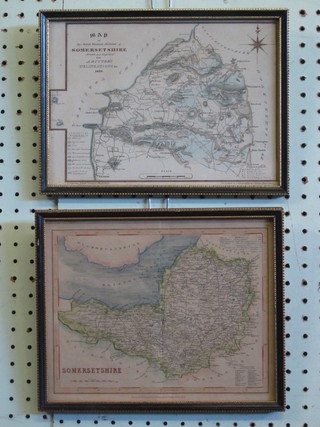 2 Victorian coloured maps of Somerset and 1 other Devonshire,  all in Hogarth frames 7" x 10"