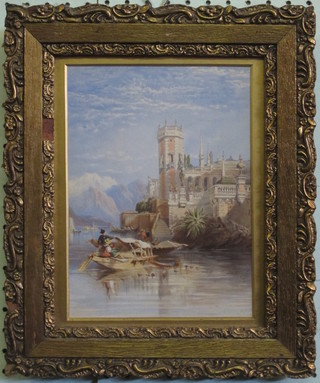 19th Century watercolour drawing "Continental Lake with Boat  and Folly" 9" x 6 1/2" indistinctly signed