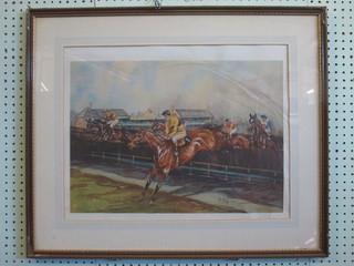 A coloured racing print, signed in the margin 14" x 19", some  creases