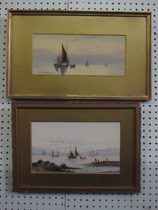 J Maurie Hoskin, watercolour "Evening" 5" x 11" and 1 other "Fishing Boats" 6" x 10"