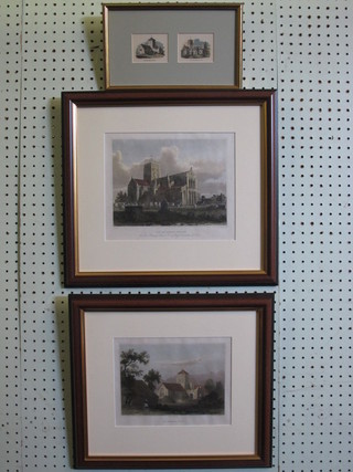 After Grimm, a coloured print "The Old Shoreham Church" 6" x  8" and 1 other after C J Smith "The New Shoreham Church" 6"  x 9" and a pair of coloured prints "Old and New Shoreham  Church" contained within the same frame 2" x 3"