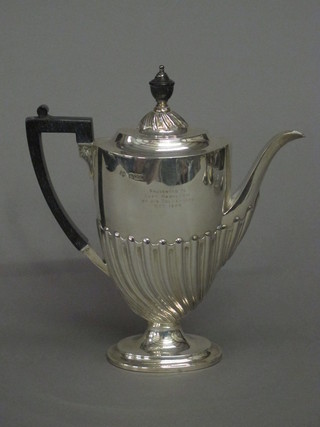 A Victorian oval silver coffee pot with demi-reeded decoration, raised on an oval foot, Sheffield 1893 10 ozs
