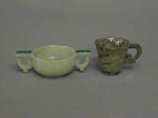 An Oriental green hardstone twin handled bowl 2" and an  Oriental green hardstone cup, 2", some chips