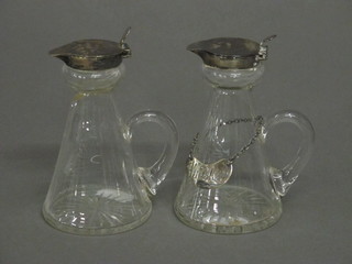 2 waisted glass whisky tots with silver lids, 1 with decanter label, London 1932, 1 cracked,