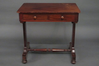 A Victorian mahogany side table fitted 2 long drawers raised on  panel end supports with H framed stretcher 30"