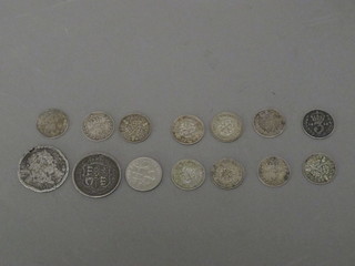 A George shilling 1819 and a collection of silver coins