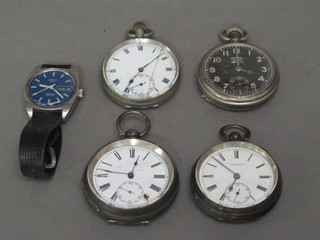 An open faced pocket watch by J W Morris Farnham contained  in a silver case, 3 other pocket watches and a Rotary wristwatch