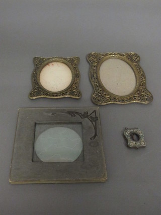 A gilt metal and micro mosaic easel photograph frame 2" and 2  pierced gilt metal easel photograph frames and 1 other