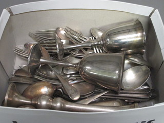 2 silver plated goblets and a collection of silver plated flatware