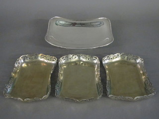 A boat shaped silver plated dish and 3 rectangular pierced silver  plated dishes